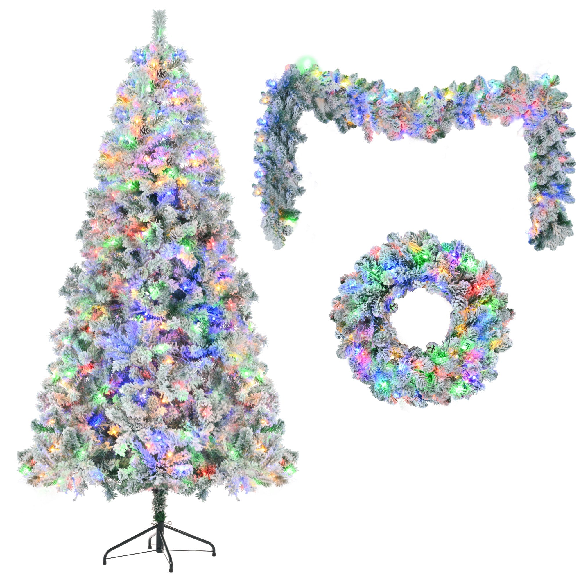 6FT Snow Flocked Christmas Tree, Pre-Lit Set with Tree & Garland & Wreath, Artificial Hinged Xmas Tree with Colorful LED Lights