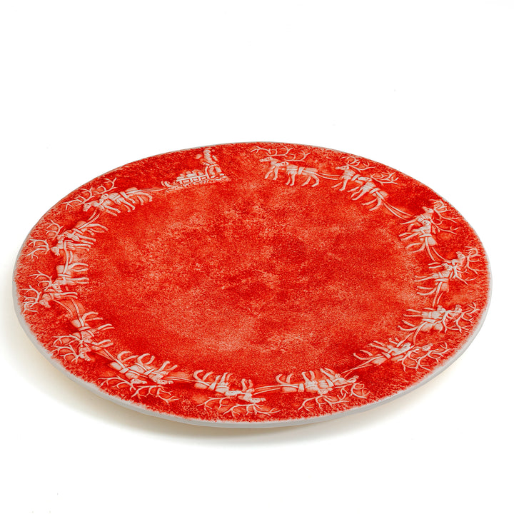 Reindeer Cheer 14.1” Round Platter, Red with White Reindeer Christmas Design, Made in Italy