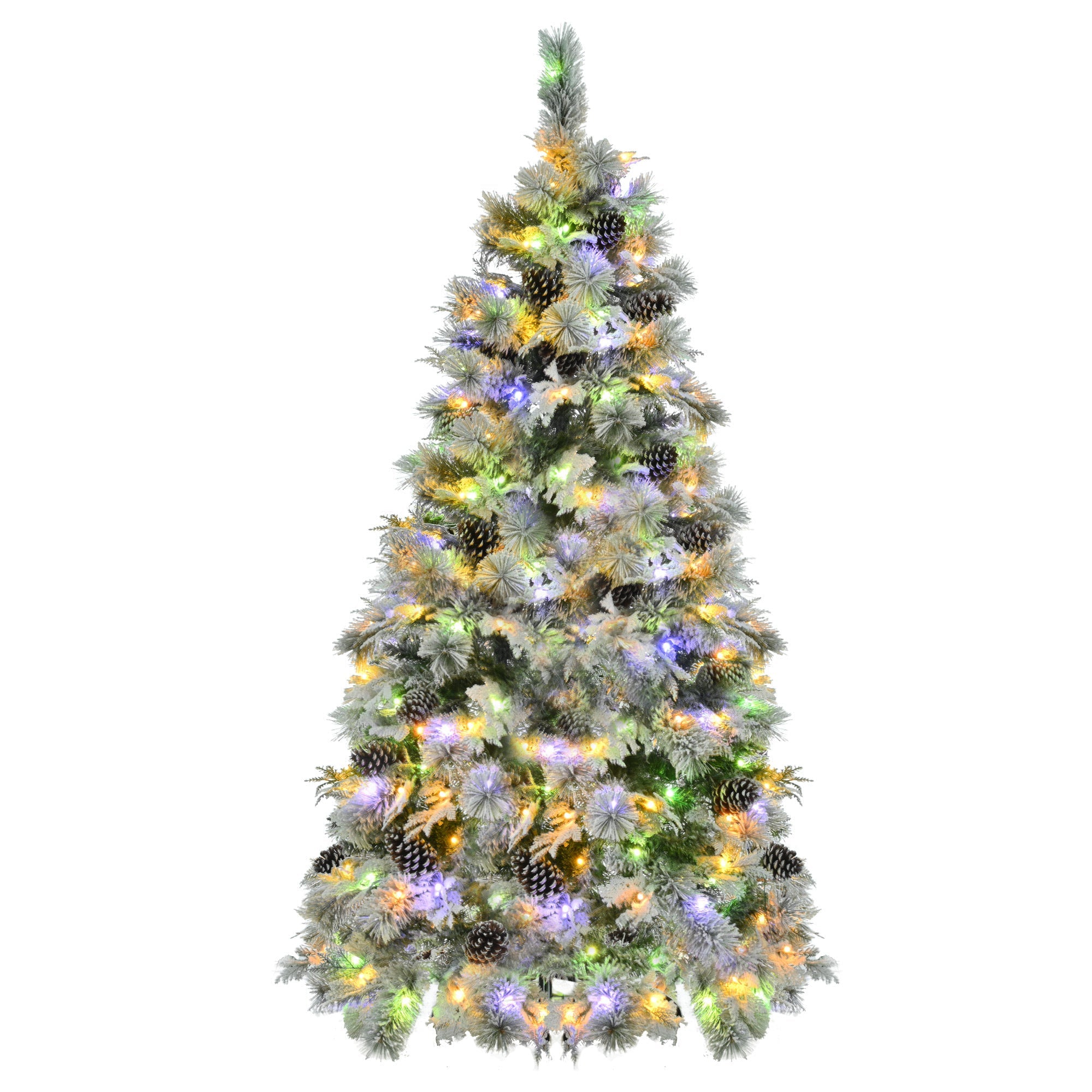 6FT Pre-Lit Spruce Snow Flocked Christmas Tree with Pine Cones, 250 Multi-Color LED Lights, 11 Flashing Modes,