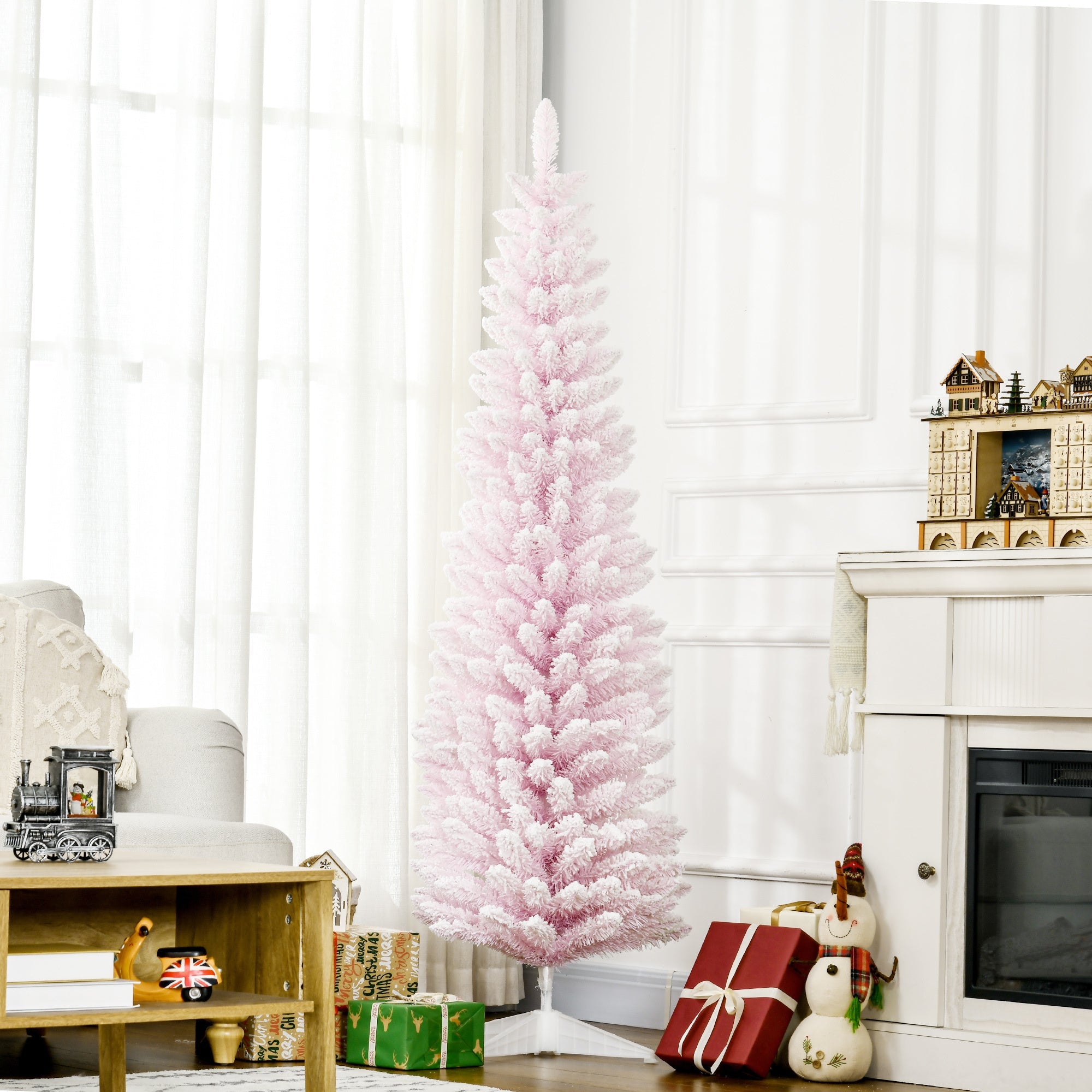 6' Snow Flocked Pencil Christmas Tree, Slim - Pink