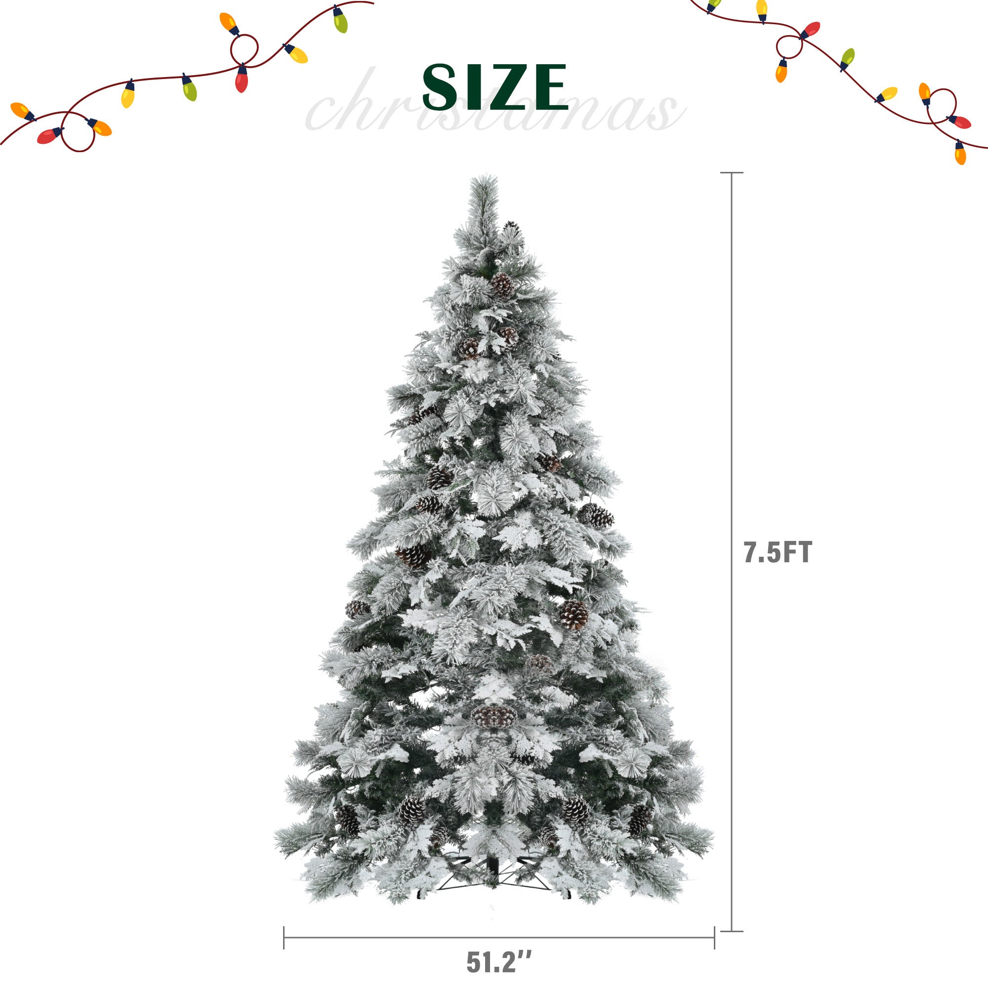 7.5FT Pre-Lit Spruce Snow Flocked Christmas Tree with Pine Cones-Multi-Color LED Lights, 11 Flashing Modes,