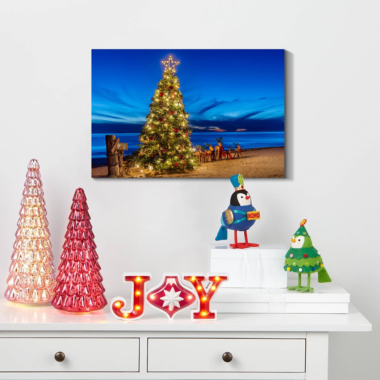 Framed Canvas Wall Art Decor , Christmas Tree on Seaside