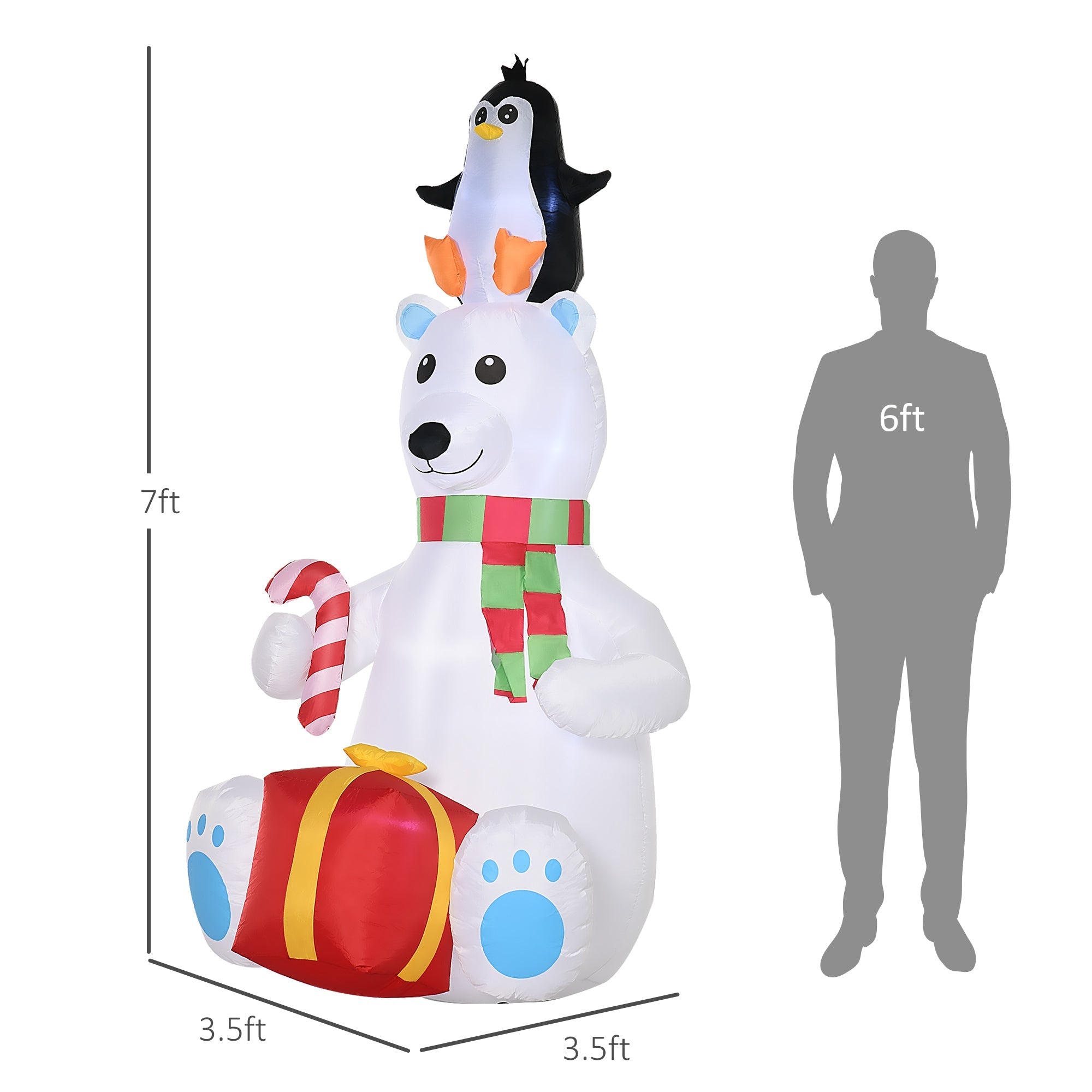 7ft Polar Bear with Penguin on Head with Candy Cane and Gift Box, Blow-Up LED Christmas Inflatables Outdoor