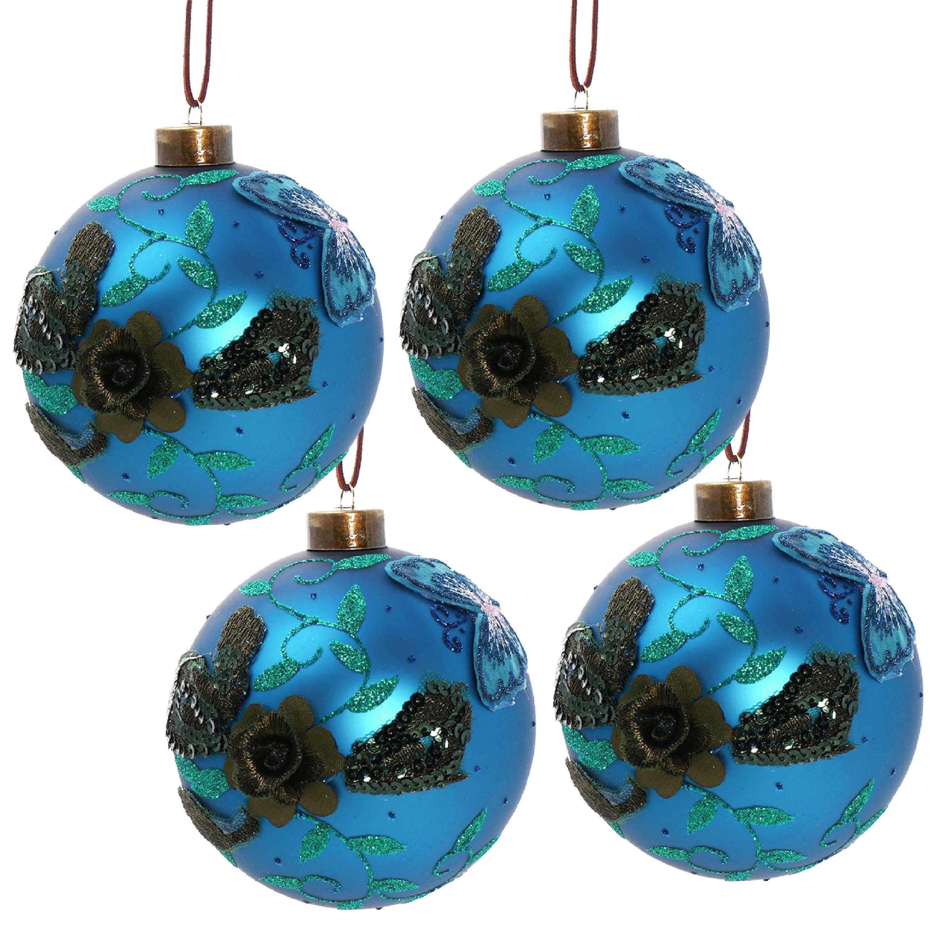 Blue with Gold Flowers Christmas Ball Ornaments,  Set of 4