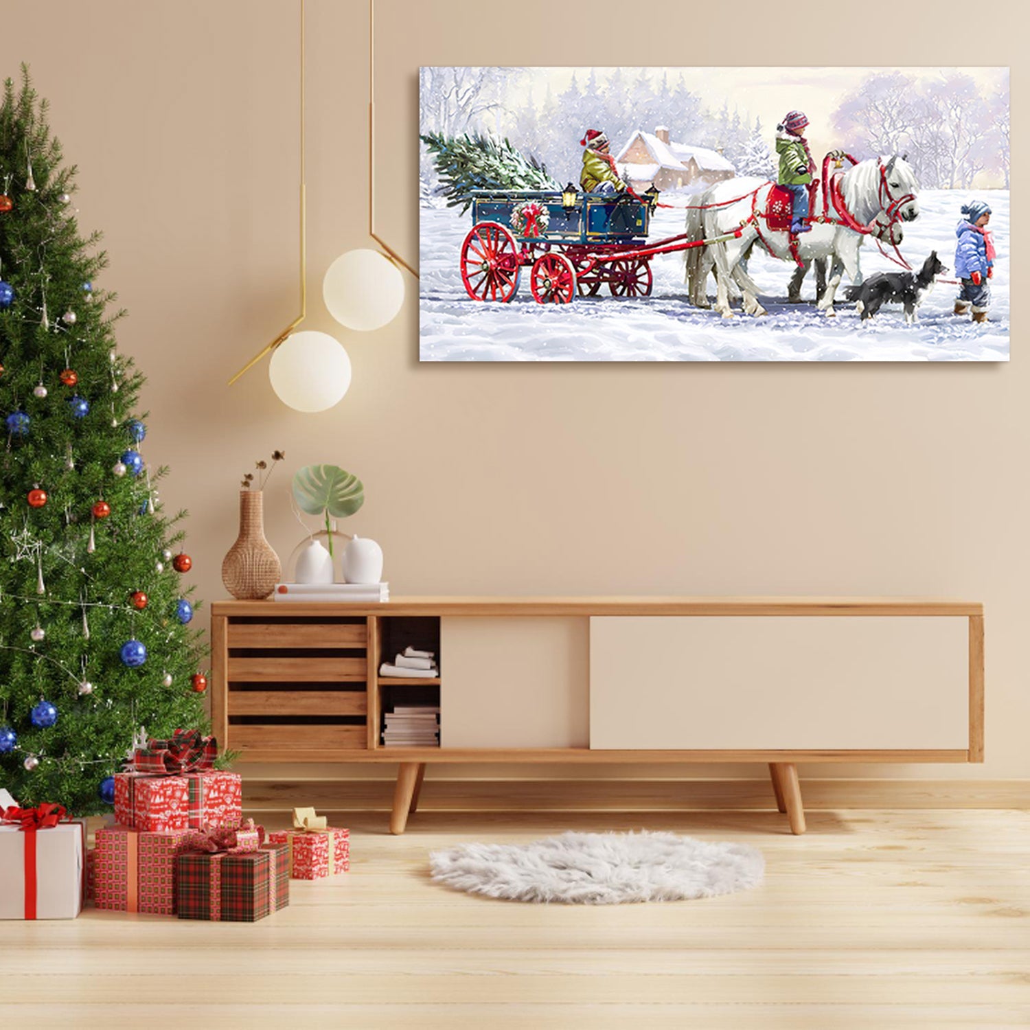 Framed Canvas Wall Art Kids Riding White Horse and Sled