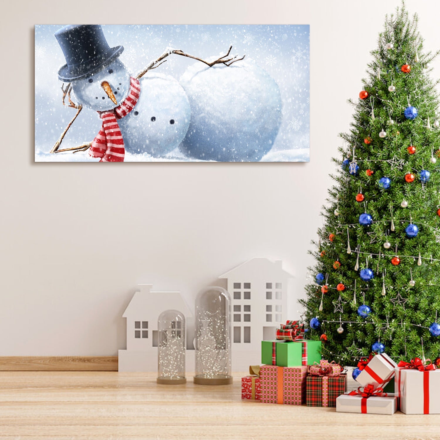 Framed Canvas Wall Art Decor - Cute Lying Snowman Painting