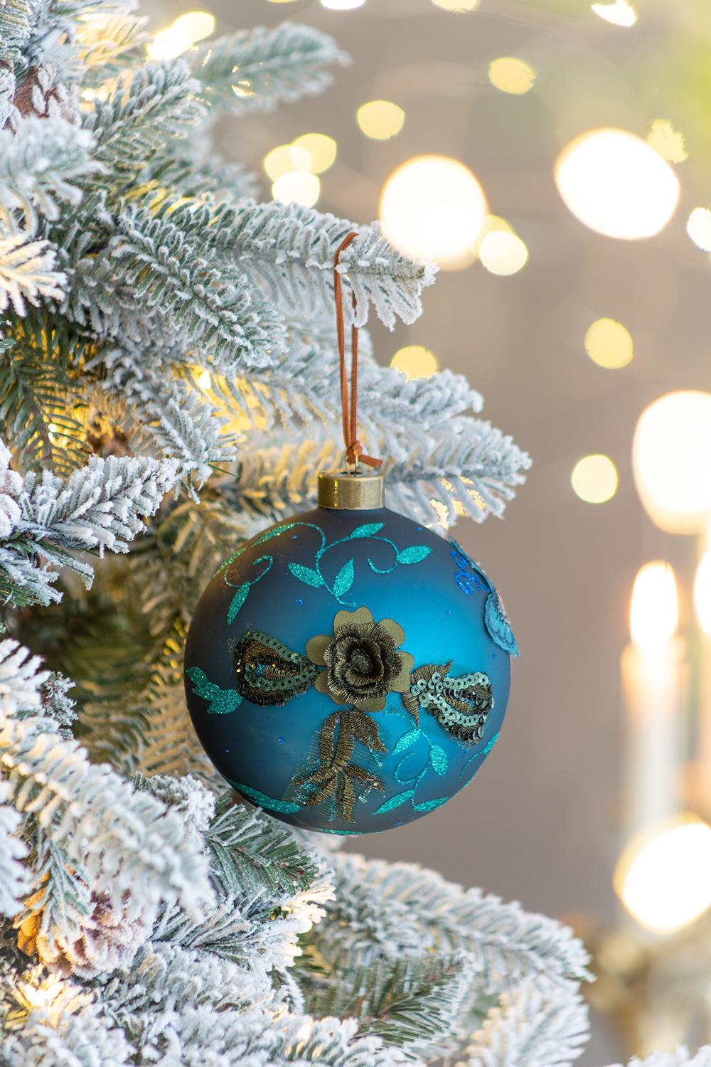 Blue with Gold Flowers Christmas Ball Ornaments,  Set of 4