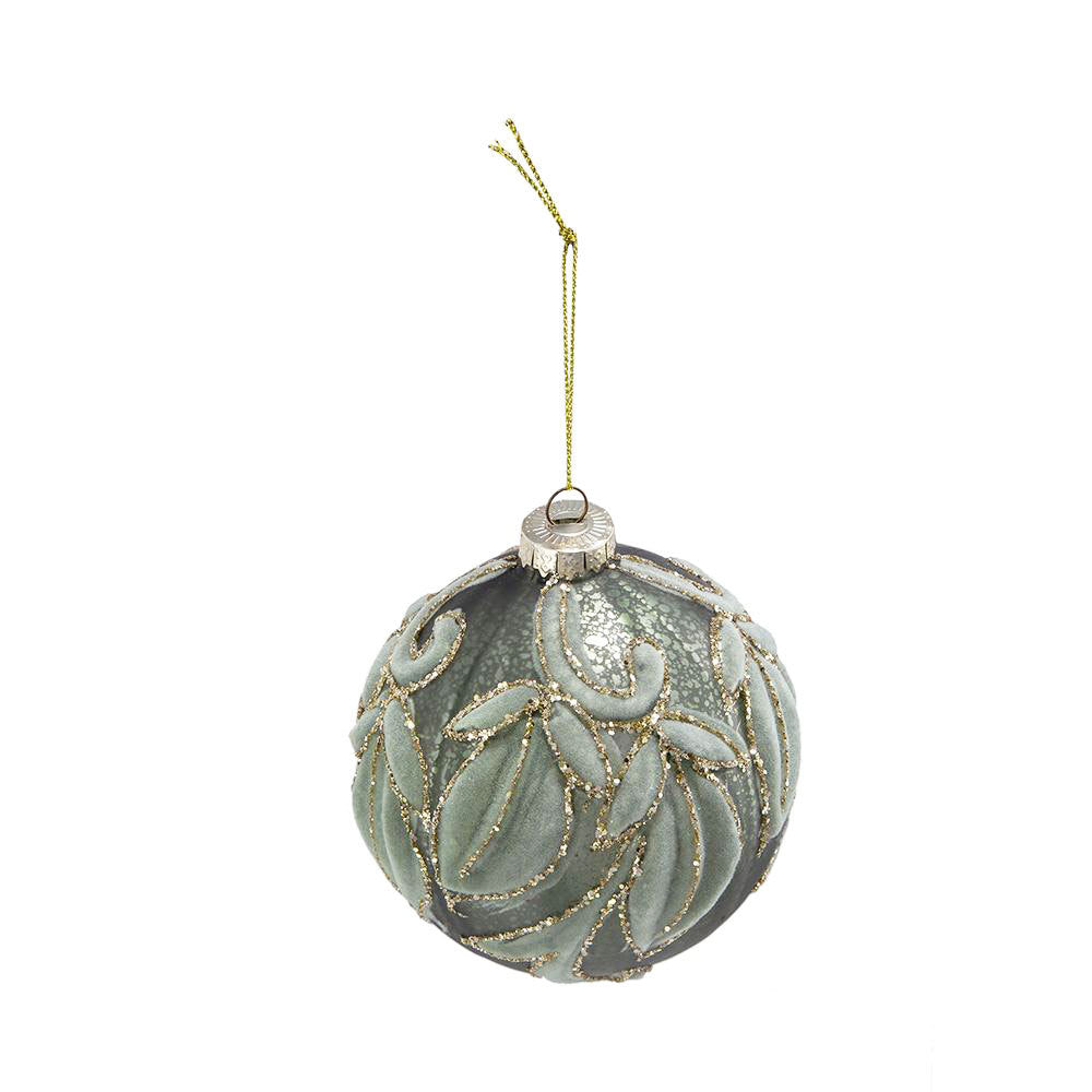 Green with Gold Flocking Christmas Ball Ornaments, Set of 6